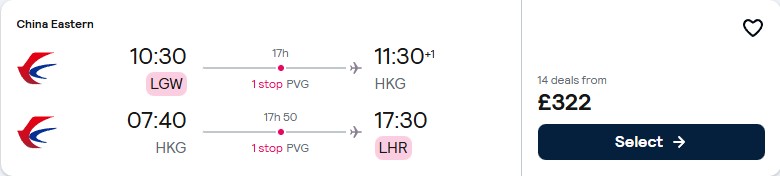 Click here to book this cheap flight deal. Cheap flights from London, UK to Hong Kong for only £322 roundtrip. Flight deal ticket image.