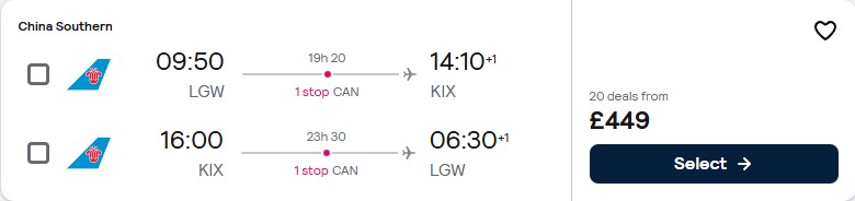 Click here to book this cheap flight deal. Cheap flights from London, UK to Osaka, Japan for only £449 roundtrip. Flight deal ticket image.