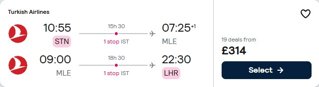 Click here to book this cheap flight deal. Cheap flights from London, UK to the Maldives for only £314 roundtrip with Turkish Airlines. Flight deal ticket image.