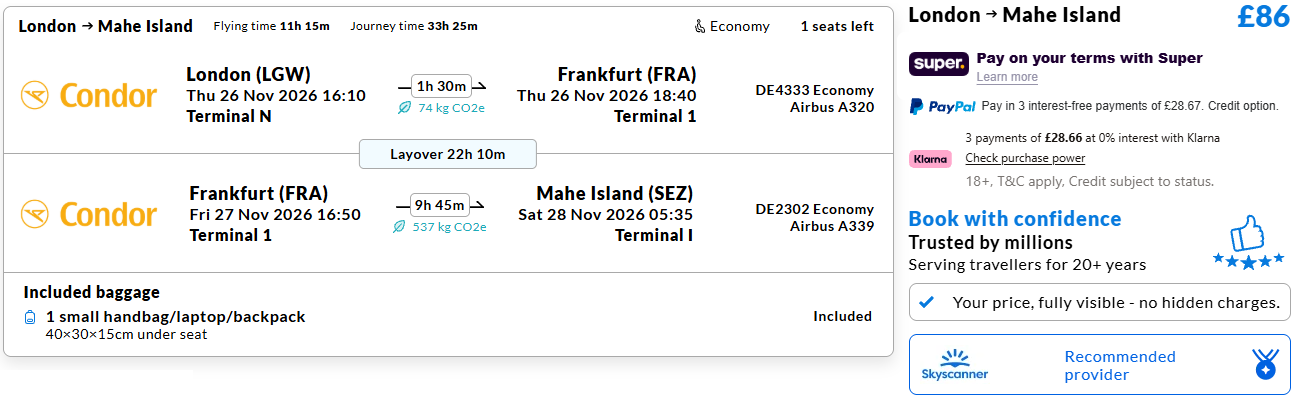 Click here to book this cheap flight deal. Error Fare flights from London, UK to the Seychelles for only £86 one-way. Flight deal ticket image.