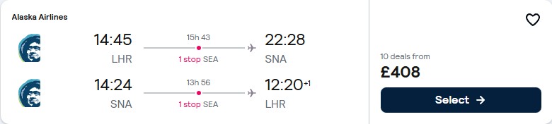 Cheap flights from London, UK to Santa Ana, California for only £408 roundtrip with Alaska Airlines. Flight deal ticket image.