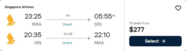 Click here to book this cheap flight deal. Non-stop flights from Chennai, India to Singapore for only $277 USD roundtrip with Singapore Airlines. Flight deal ticket image.