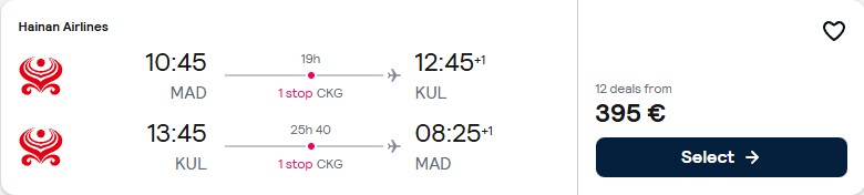 Click here to book this cheap flight deal. Cheap flights from Madrid, Spain to Kuala Lumpur, Malaysia for only €395 roundtrip with Hainan Airlines. Flight deal ticket image.