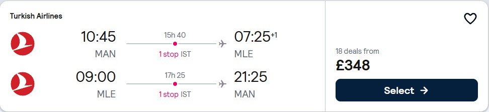 Click here to book this cheap flight deal. Cheap flights from Manchester, UK to the Maldives for only £348 roundtrip with Turkish Airlines. Flight deal ticket image.
