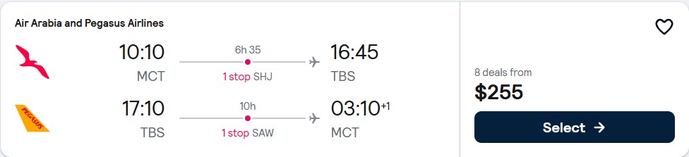 Click here to book this cheap flight deal. Cheap flights from Muscat, Oman to Tbilisi, Georgia for only $255 USD roundtrip. Flight deal ticket image.