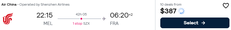 Click here to book this cheap flight deal. Cheap flights from Melbourne, Australia to Frankfurt, Germany for only $387 AUD one-way. Flight deal ticket image.