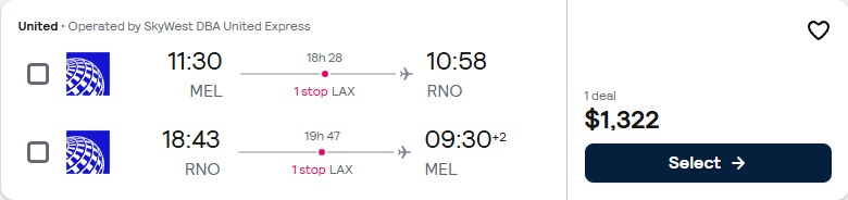 Cheap flights from Melbourne, Australia to Reno, Nevada for only $1322 AUD roundtrip with United Airlines. Flight deal ticket image.