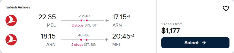 Click here to book this cheap flight deal. Cheap flights from Melbourne, Australia to European cities from only $1178 AUD roundtrip with Turkish Airlines. Flight deal ticket image.