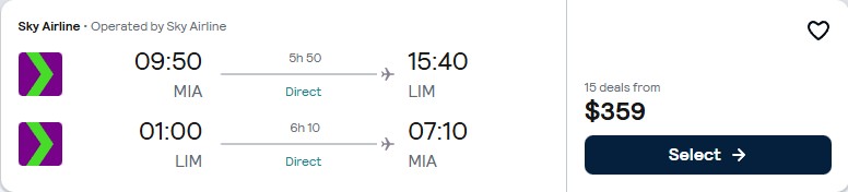 Click here to book this cheap flight deal. Non-stop flights from Miami to Lima, Peru for only $361 roundtrip. Flight deal ticket image.