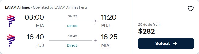 Click here to book this cheap flight deal. Non-stop flights from Miami to the Dominican Republic for only $282 roundtrip with LATAM Airlines. Flight deal ticket image.