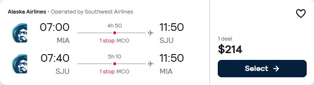 Click here to book this cheap flight deal. Cheap flights from Miami to San Juan, Puerto Rico for only $214 roundtrip. Flight deal ticket image.