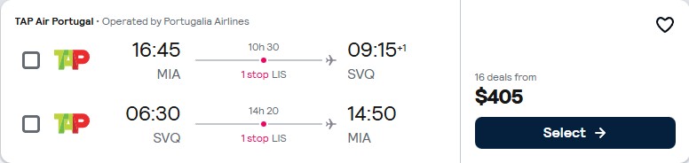 Click here to book this cheap flight deal. Cheap flights from Miami to Seville, Spain for only $405 roundtrip with TAP Air Portugal. Flight deal ticket image.