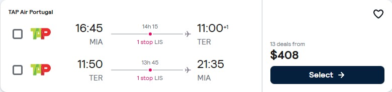Click here to book this cheap flight deal. Cheap flights from Miami to the Azores for only $408 roundtrip with TAP Air Portugal. Flight deal ticket image.