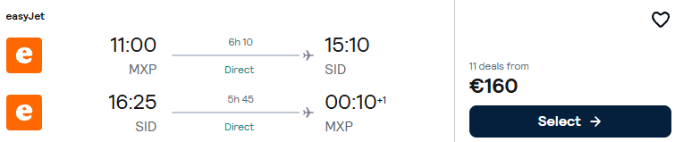 Click here to book this cheap flight deal. Non-stop flights from Milan, Italy to Sal, Cape Verde for only €160 roundtrip. Flight deal ticket image.