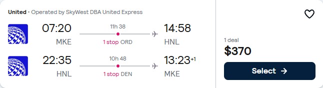 Click here to book this cheap flight deal. Cheap flights from Milwaukee to Honolulu, Hawaii for only $370 roundtrip with United Airlines. Also works in reverse. Flight deal ticket image.