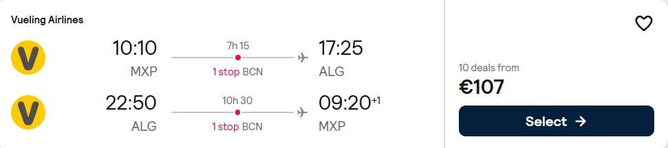 Click here to book this cheap flight deal. Cheap flights from Milan, Italy to Algiers, Algeria for only €107 roundtrip. Flight deal ticket image.