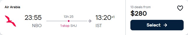 Click here to book this cheap flight deal. Cheap flights from Nairobi, Kenya to Istanbul, Turkey for only $281 USD one-way. Flight deal ticket image.