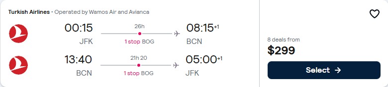 Cheap flights from New York to Barcelona, Spain for only $299 roundtrip with Avianca. Flight deal ticket image.