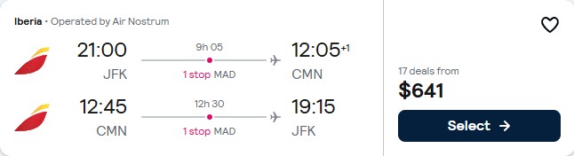 Click here to book this cheap flight deal. Cheap flights from New York to Casablanca, Morocco for only $641 roundtrip with Iberia. Flight deal ticket image.