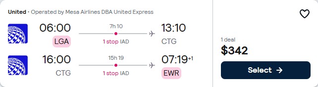 Click here to book this cheap flight deal. Cheap flights from New York to Cartagena, Colombia for only $342 roundtrip with United Airlines. Flight deal ticket image.