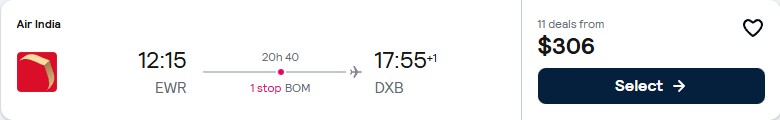Click here to book this cheap flight deal. Cheap flights from New York to Dubai, UAE or Doha, Qatar from only $306 one-way. Flight deal ticket image.