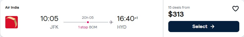 Click here to book this cheap flight deal. Cheap flights from New York to Hyderabad, India for only $313 one-way. Flight deal ticket image.