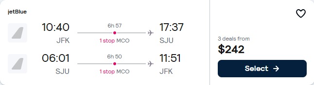 Click here to book this cheap flight deal. Cheap flights from New York to San Juan, Puerto Rico for only $242 roundtrip with JetBlue. Flight deal ticket image.