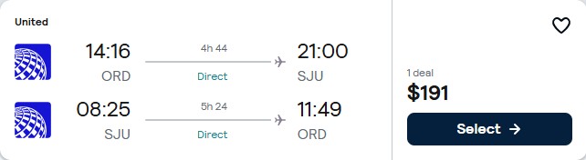 Click here to book this cheap flight deal. Non-stop flights from Chicago to San Juan, Puerto Rico for only $191 roundtrip with United Airlines. Flight deal ticket image.