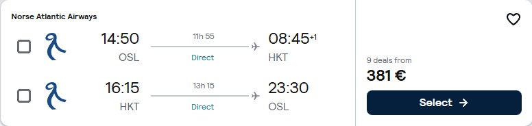 Non-stop flights from Oslo, Norway to Phuket, Thailand for only €381 roundtrip. Flight deal ticket image.