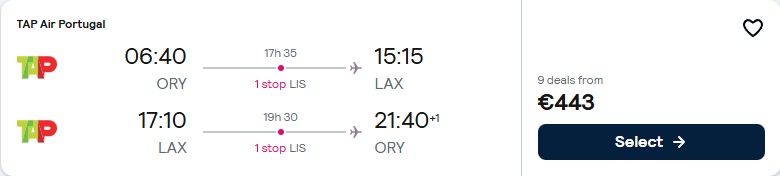 Click here to book this cheap flight deal. Cheap flights from Paris, France to Los Angeles, USA for only €444 roundtrip with TAP Air Portugal. Flight deal ticket image.