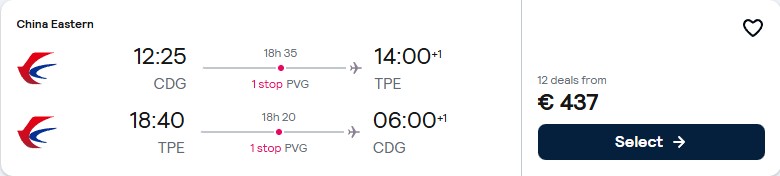 Cheap flights from Paris, France to Taipei, Taiwan for only €438 roundtrip. Flight deal ticket image.