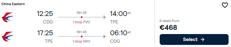 Click here to book this cheap flight deal. Cheap flights from Paris, France to Taipei, Taiwan for only €468 roundtrip. Flight deal ticket image.