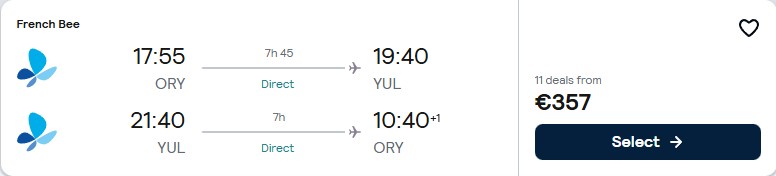 Click here to book this cheap flight deal. Non-stop flights from Paris, France to Montreal, Canada for only €357 roundtrip. Flight deal ticket image.