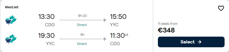 Click here to book this cheap flight deal. Non-stop flights from Paris, France to Calgary, Canada for only €348 roundtrip. Flight deal ticket image.