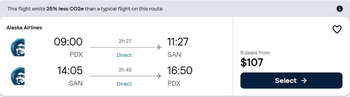 Click here to book this cheap flight deal. Non-stop flights from Portland, Oregon to San Diego for only $107 roundtrip with Alaska Airlines. Also works in reverse. Flight deal ticket image.