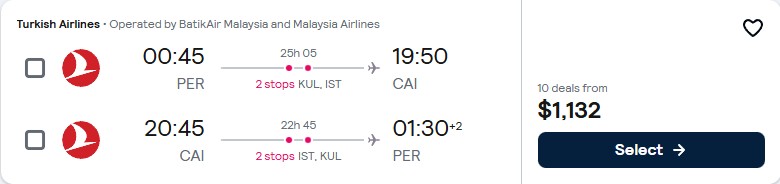 Click here to book this cheap flight deal. Cheap flights from Perth, Australia to Cairo, Egypt for only $1132 AUD roundtrip with Turkish Airlines and Malaysia Airlines. Flight deal ticket image.