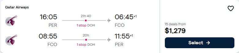 Click here to book this cheap flight deal. Cheap flights from Perth, Australia to Rome, Italy for only $1279 AUD roundtrip with Qatar Airways. Flight deal ticket image.