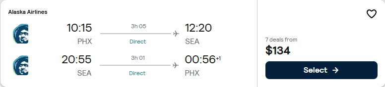 Click here to book this cheap flight deal. Non-stop flights from Phoenix, Arizona to Seattle for only $134 roundtrip with Alaska Airlines. Also works in reverse. Flight deal ticket image.