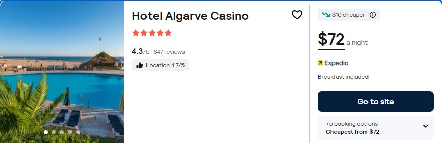 Stay at the 5* Hotel Algarve Casino in Portimao, Portugal for only $72 USD per night. Flight deal ticket image.