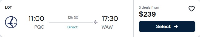 Non-stop flights from Phu Quoc, Vietnam to Warsaw, Poland for only $239 USD one-way with LOT Polish Airlines. Flight deal ticket image.