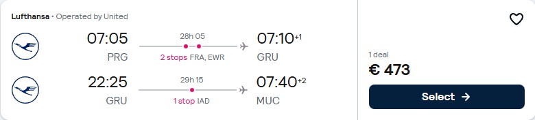 Click here to book this cheap flight deal. Open-jaw flights from Prague, Czech Republic to Sao Paulo, Brazil returning to Munich, Germany for only €473 with Lufthansa and United Airlines. Flight deal ticket image.