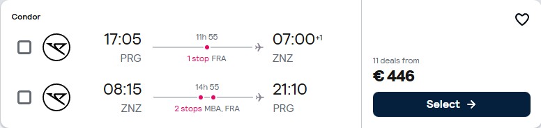 Click here to book this cheap flight deal. Cheap flights from Prague, Czech Republic to Zanzibar, Tanzania for only €446 roundtrip. Flight deal ticket image.