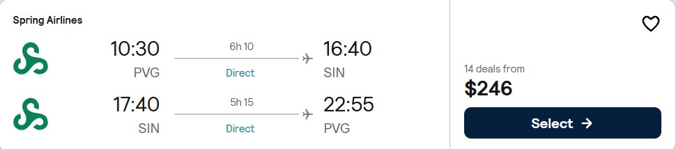 Click here to book this cheap flight deal. Non-stop flights from Shanghai, China to Singapore for only $246 USD roundtrip. Flight deal ticket image.