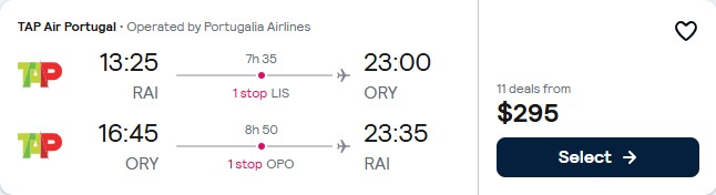 Cheap flights from Praia, Cape Verde to Paris, France for only $295 USD roundtrip with TAP Air Portugal. Flight deal ticket image.