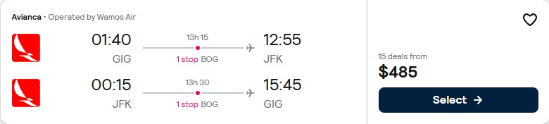 Cheap flights from Rio de Janeiro, Brazil to New York, USA for only $485 USD roundtrip with Avianca. Flight deal ticket image.