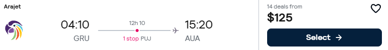 Click here to book this cheap flight deal. Cheap flights from Sao Paulo, Brazil to Aruba for only $125 USD one-way. Flight deal ticket image.