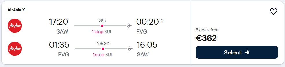 Cheap flights from Istanbul, Turkey to Shanghai, China for only €362 roundtrip. Flight deal ticket image.