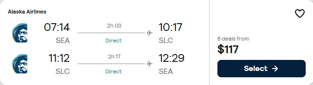 Non-stop flights from Seattle to Salt Lake City, Utah for only $117 roundtrip with Alaska Airlines. Also works in reverse. Flight deal ticket image.