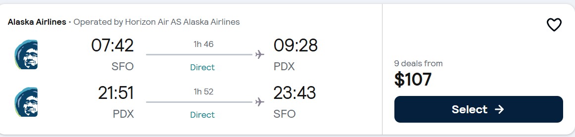Click here to book this cheap flight deal. Non-stop flights from San Francisco to Portland, Oregon for only $107 roundtrip with Alaska Airlines. Also works in reverse. Flight deal ticket image.