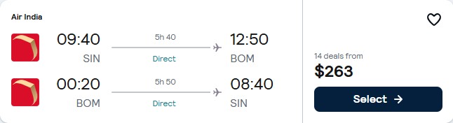 Non-stop flights from Singapore to Mumbai, India for only $263 USD roundtrip. Flight deal ticket image.